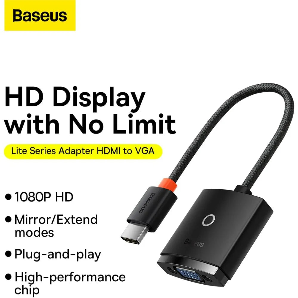 Baseus Lite Series HDMI to VGA Adapter – 1080P Resolution + 3.5mm AUX Audio + Micro USB Power Input – Black
