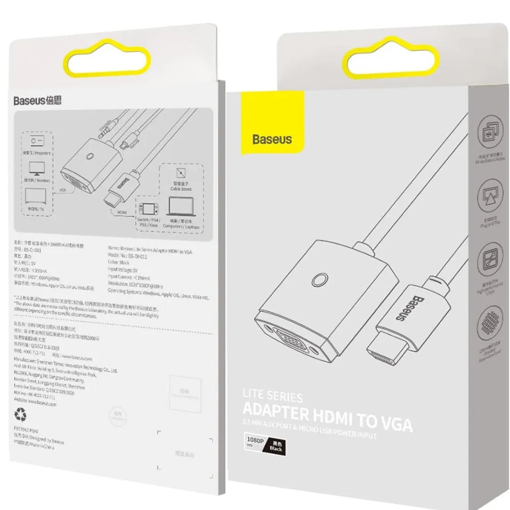 Baseus Lite Series HDMI to VGA Adapter – 1080P Resolution + 3.5mm AUX Audio + Micro USB Power Input – Black