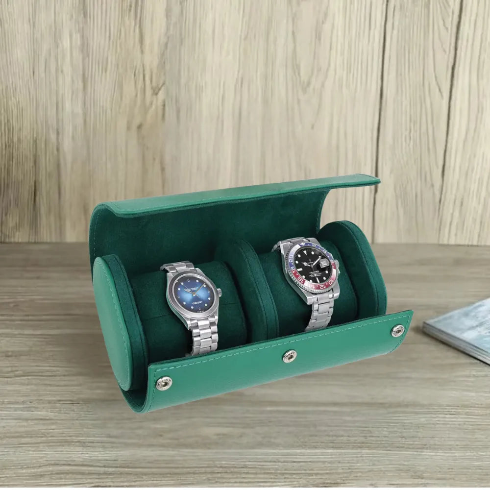 Green Lion Duo Watch Roll Case Genuine Leather 2 Watch Slots Snap-Button Closure Protective Interior Compact Storage Rolex Green