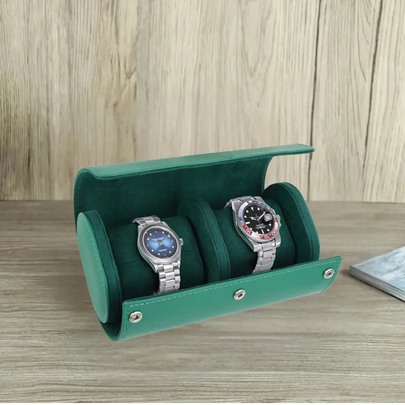 Green Lion Duo Watch Roll Case Genuine Leather 2 Watch Slots Snap-Button Closure Protective Interior Compact Storage Rolex Green