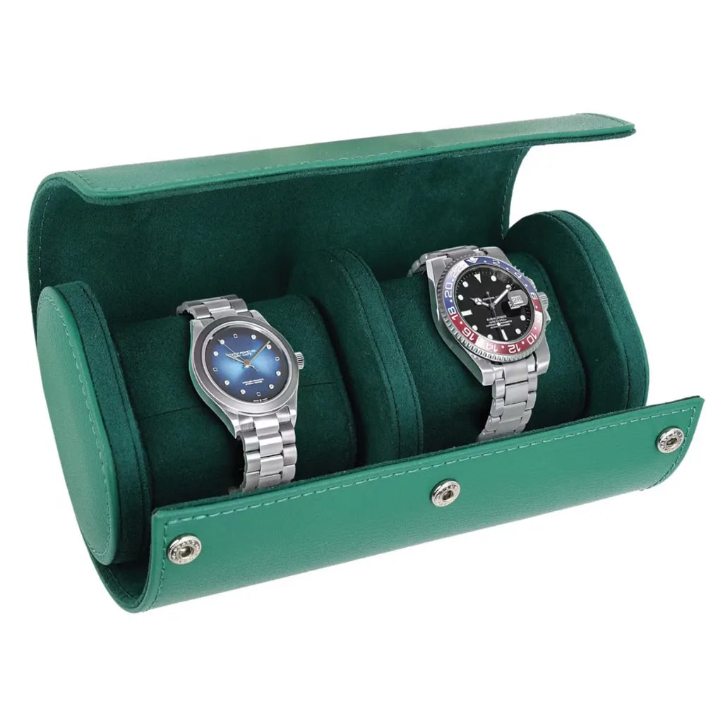 Green Lion Duo Watch Roll Case Genuine Leather 2 Watch Slots Snap-Button Closure Protective Interior Compact Storage Rolex Green
