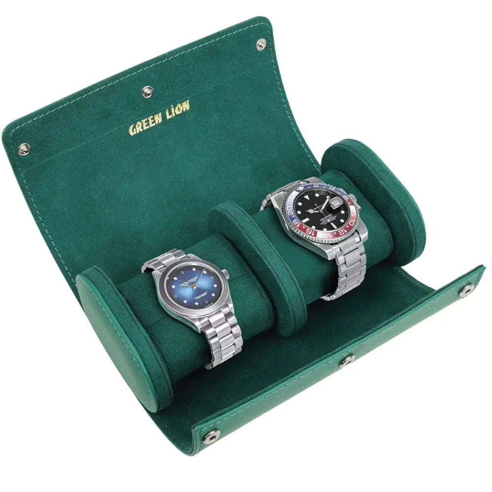 Green Lion Duo Watch Roll Case Genuine Leather 2 Watch Slots Snap-Button Closure Protective Interior Compact Storage Rolex Green