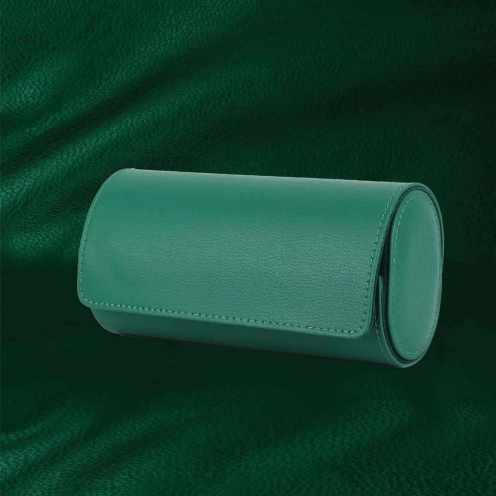 Green Lion Duo Watch Roll Case Genuine Leather 2 Watch Slots Snap-Button Closure Protective Interior Compact Storage Rolex Green