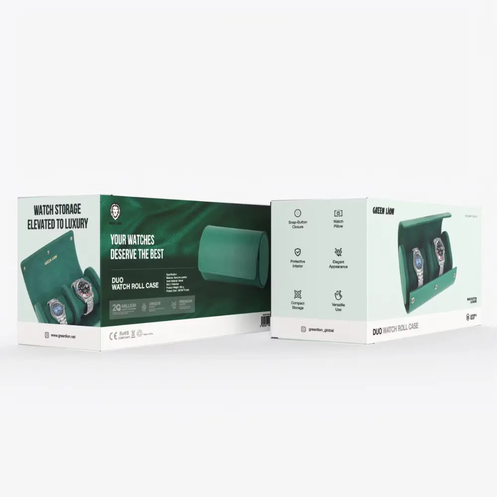 Green Lion Duo Watch Roll Case Genuine Leather 2 Watch Slots Snap-Button Closure Protective Interior Compact Storage Rolex Green