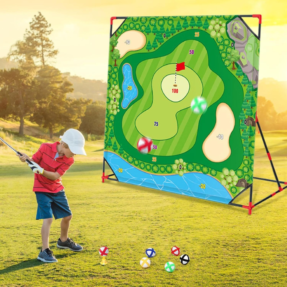 Golf Game Chipping Mat – Indoor/Outdoor Swing Practice Tool with Secure Ball System, Scoreboard & Storage Bag for Club and Balls 50A