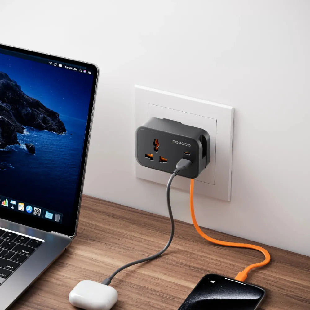 Porodo Universal Wall Socket Black 3250W with 20W PD USB-C, 18W QC USB-A, 3-Port Simultaneous Charging, 13A Fuse Protection
