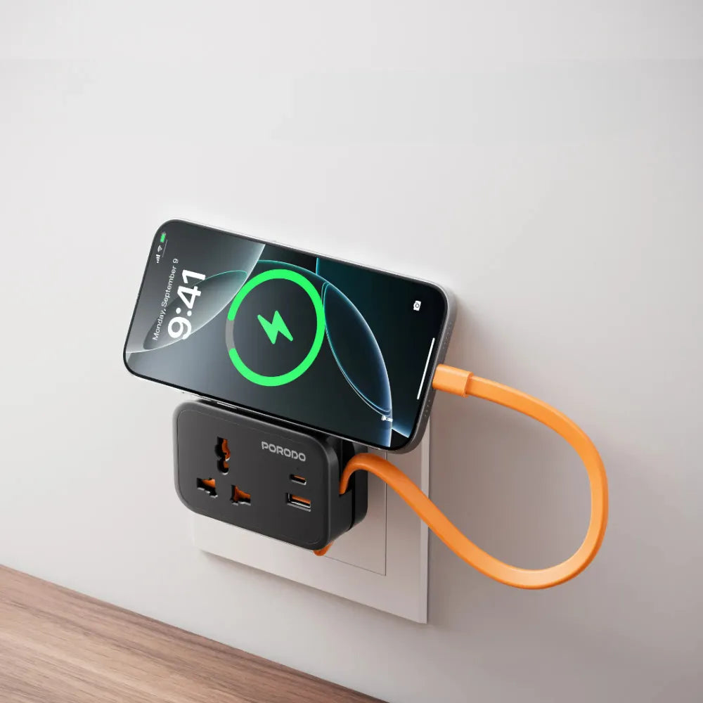 Porodo Universal Wall Socket Black 3250W with 20W PD USB-C, 18W QC USB-A, 3-Port Simultaneous Charging, 13A Fuse Protection
