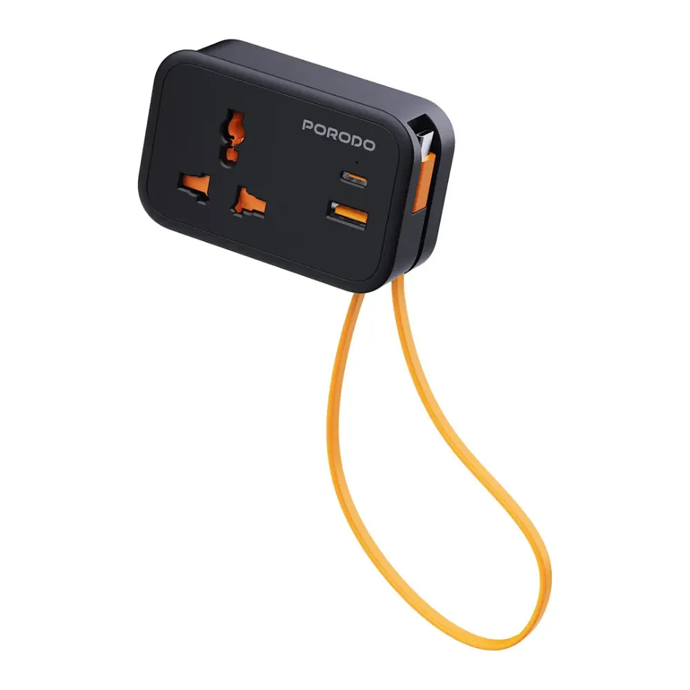 Porodo Universal Wall Socket Black 3250W with 20W PD USB-C, 18W QC USB-A, 3-Port Simultaneous Charging, 13A Fuse Protection