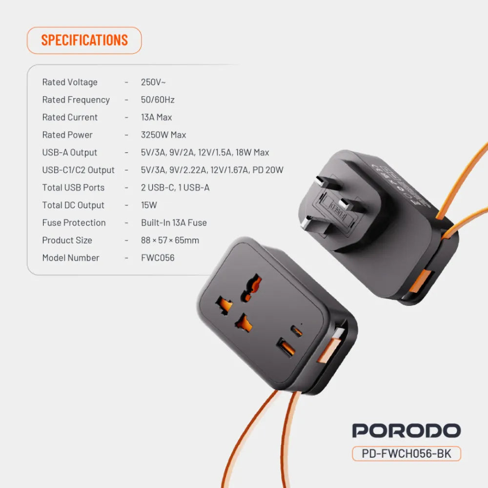 Porodo Universal Wall Socket Black 3250W with 20W PD USB-C, 18W QC USB-A, 3-Port Simultaneous Charging, 13A Fuse Protection