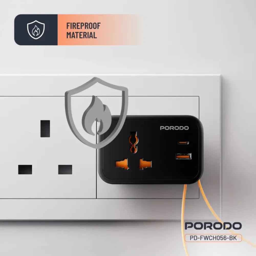 Porodo Universal Wall Socket Black 3250W with 20W PD USB-C, 18W QC USB-A, 3-Port Simultaneous Charging, 13A Fuse Protection