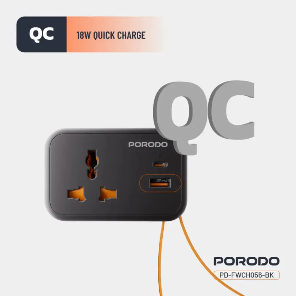 Porodo Universal Wall Socket Black 3250W with 20W PD USB-C, 18W QC USB-A, 3-Port Simultaneous Charging, 13A Fuse Protection