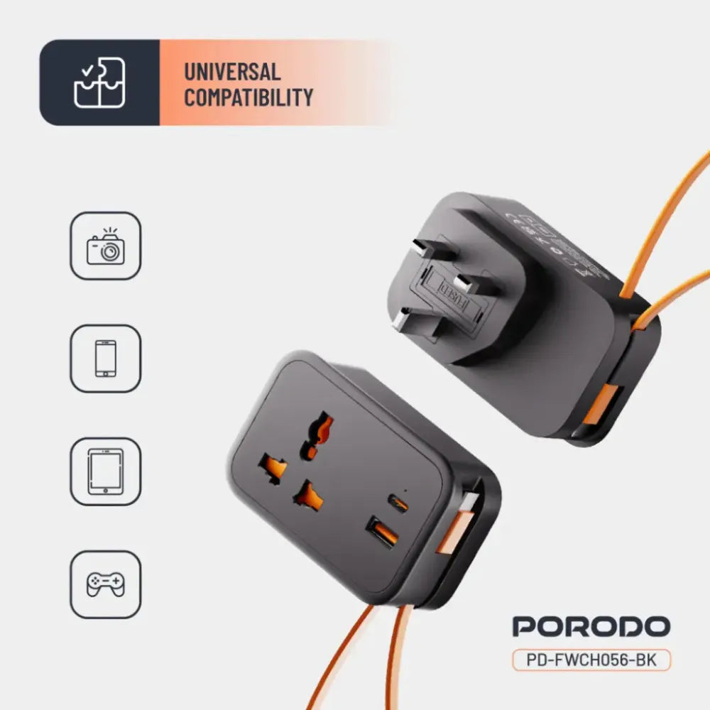 Porodo Universal Wall Socket Black 3250W with 20W PD USB-C, 18W QC USB-A, 3-Port Simultaneous Charging, 13A Fuse Protection