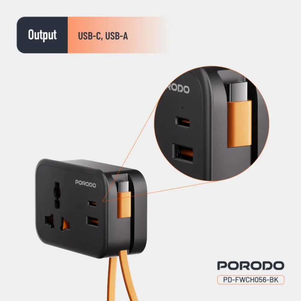 Porodo Universal Wall Socket Black 3250W with 20W PD USB-C, 18W QC USB-A, 3-Port Simultaneous Charging, 13A Fuse Protection