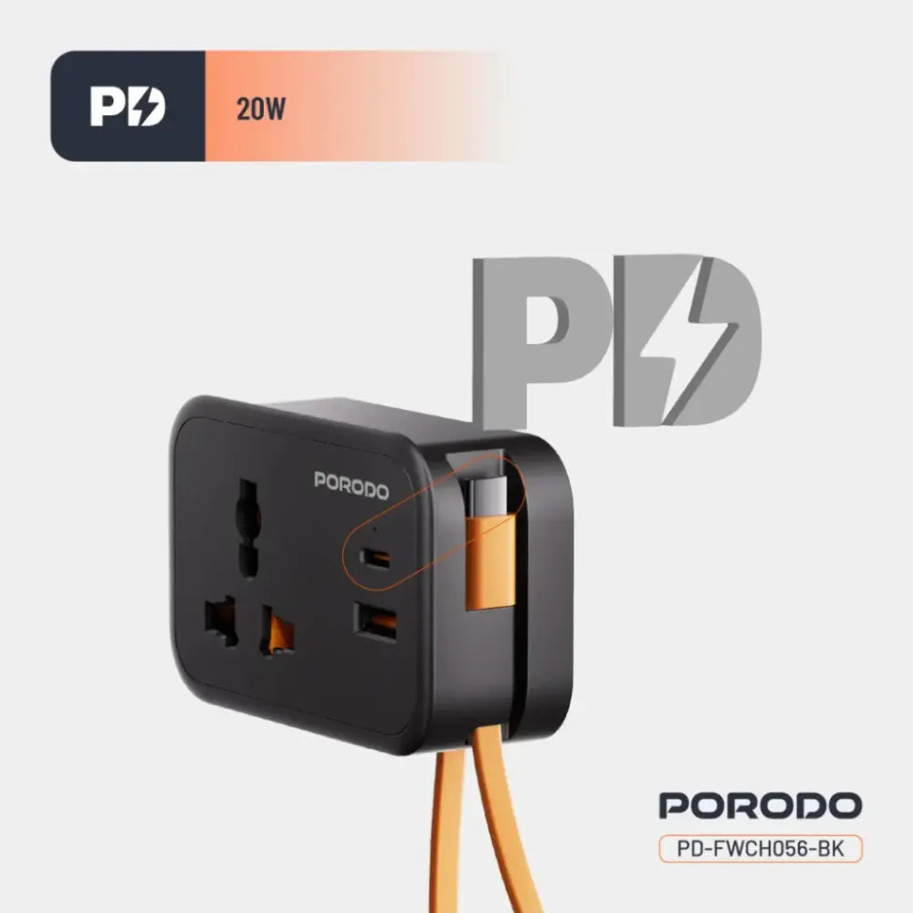 Porodo Universal Wall Socket Black 3250W with 20W PD USB-C, 18W QC USB-A, 3-Port Simultaneous Charging, 13A Fuse Protection