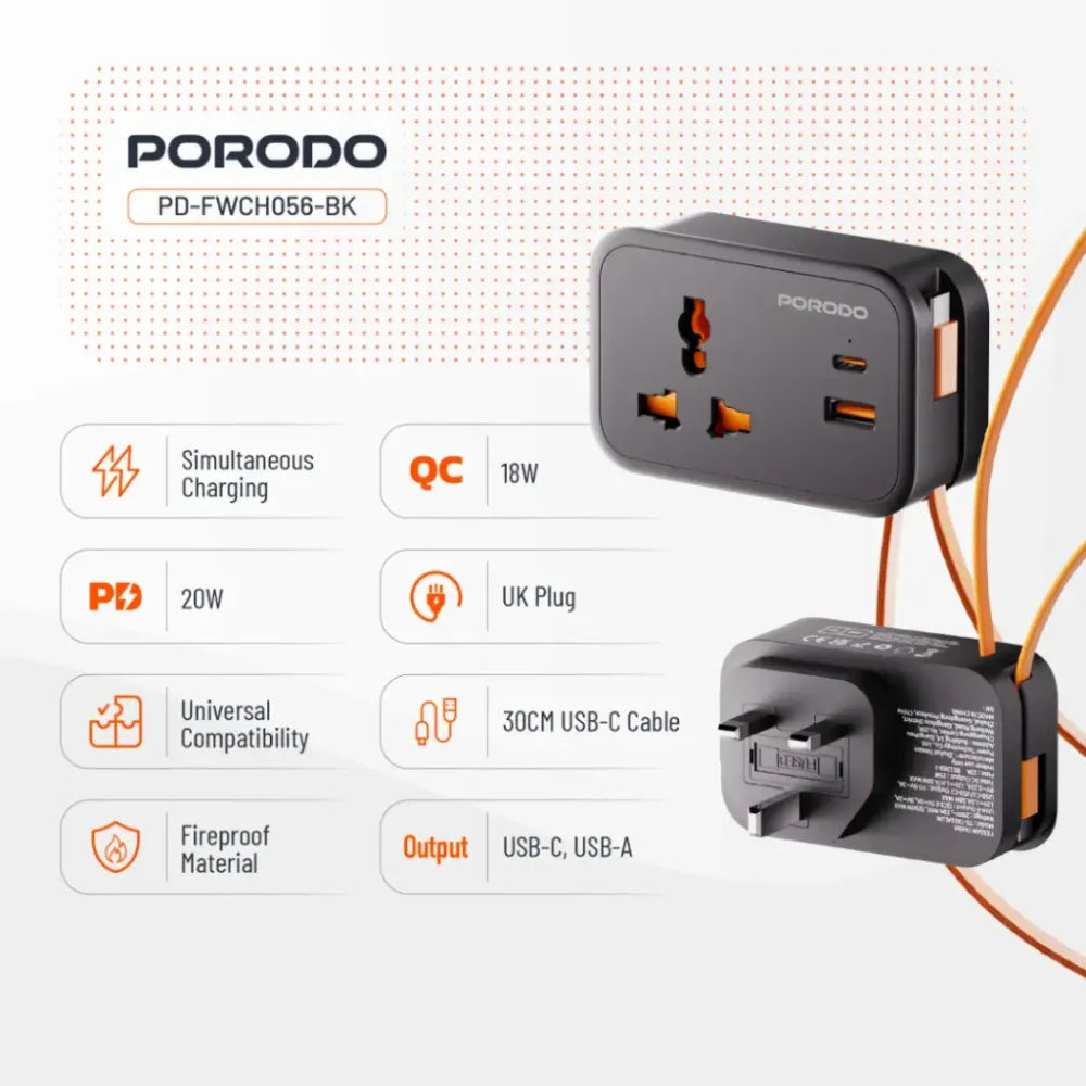 Porodo Universal Wall Socket Black 3250W with 20W PD USB-C, 18W QC USB-A, 3-Port Simultaneous Charging, 13A Fuse Protection
