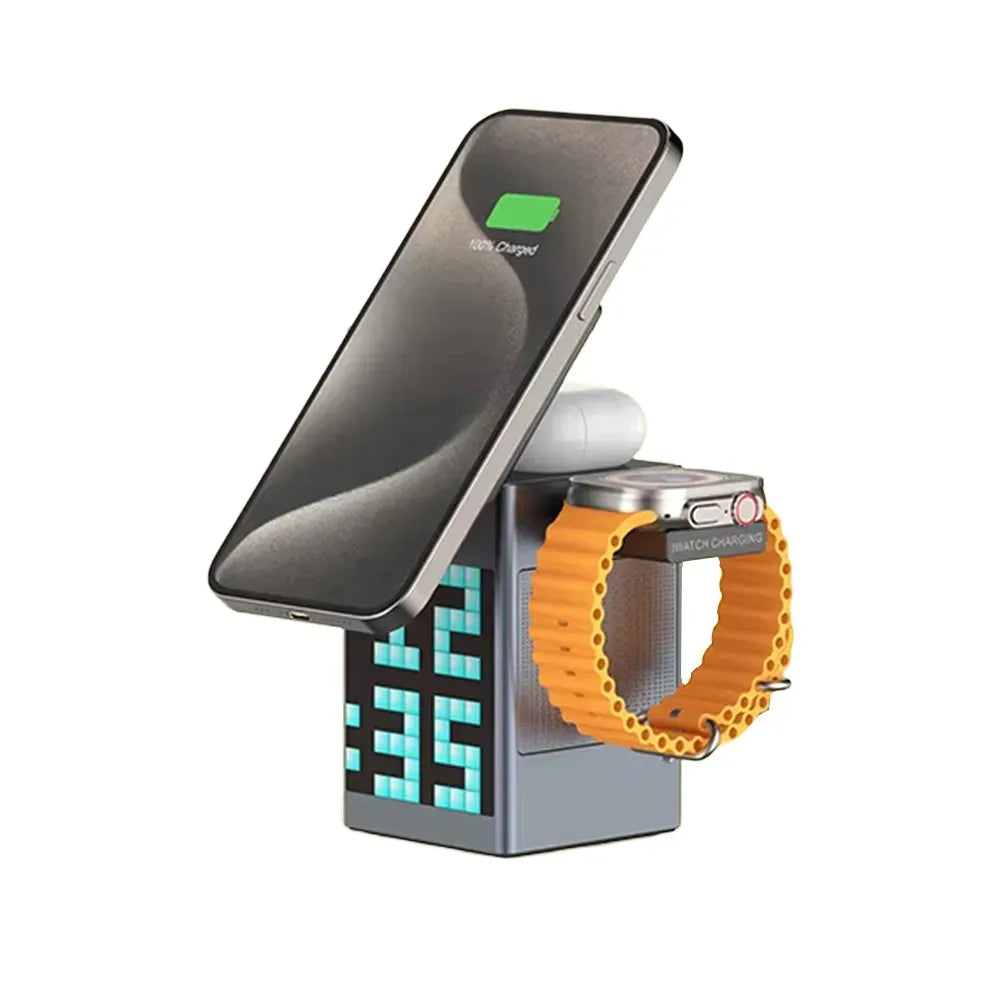 Pixel Bluetooth Speaker with Wireless Charging 15W RGB Clock Display – Black