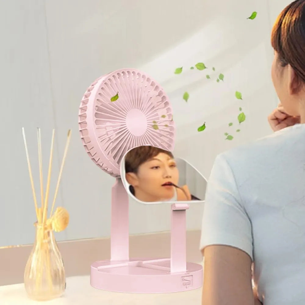 Folding Mirror Fan with 4500mAh Battery, 3-Speed Wind, Quiet Operation, Foldable Design, Mobile Stand Function