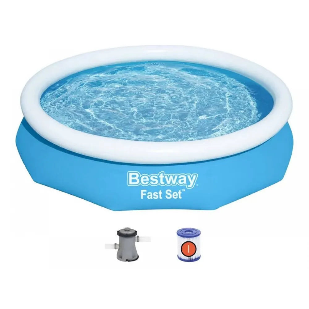 Bestway Fast Set Swimming Pool 3.05m,Inflatable Top Ring, 3200L Capacity, 330gal/hr Pump, Puncture-Resistant Liner