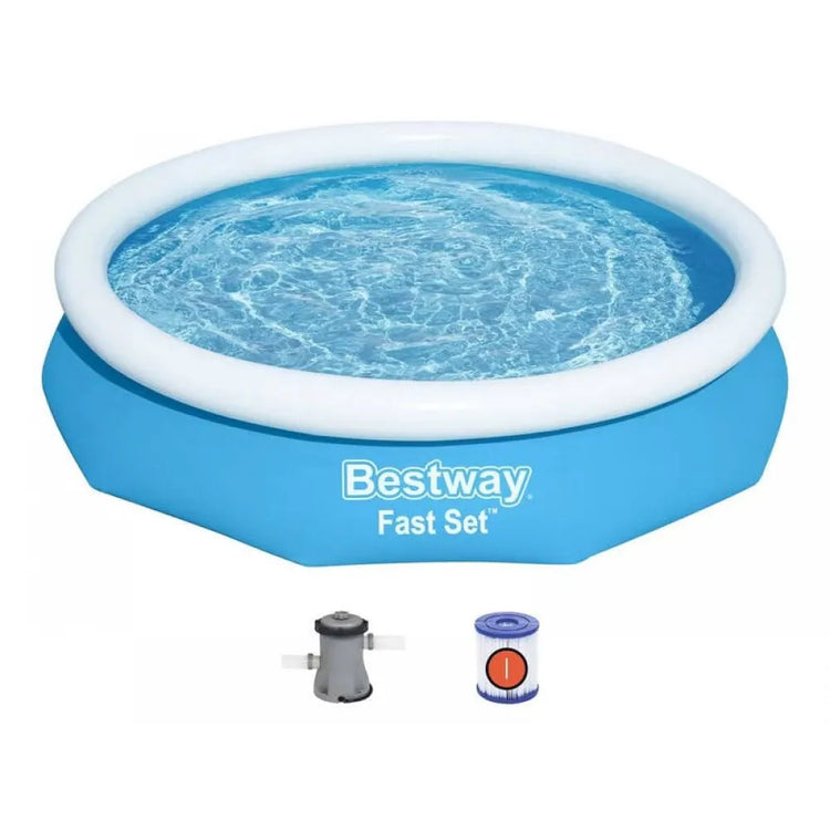 Bestway Fast Set Swimming Pool 3.05m,Inflatable Top Ring, 3200L Capacity, 330gal/hr Pump, Puncture-Resistant Liner