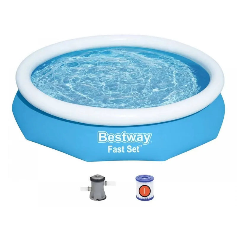 Bestway Fast Set Swimming Pool 3.05m,Inflatable Top Ring, 3200L Capacity, 330gal/hr Pump, Puncture-Resistant Liner