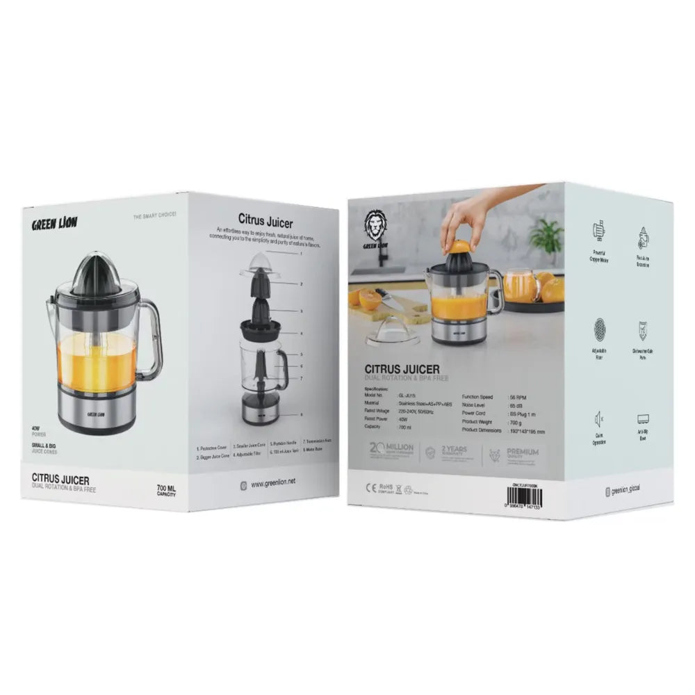 Green Lion Dual Rotation Citrus Juicer 700mL, Adjustable Filter, Small & Large Juice Cones + BPA-Free, Stainless Steel Build, Black