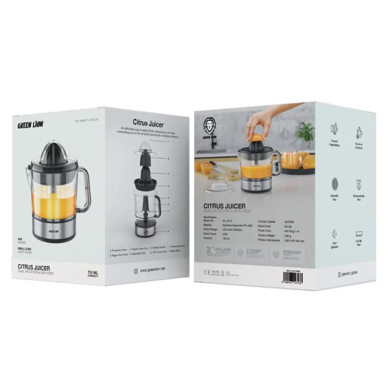 Green Lion Dual Rotation Citrus Juicer 700mL, Adjustable Filter, Small & Large Juice Cones + BPA-Free, Stainless Steel Build, Black