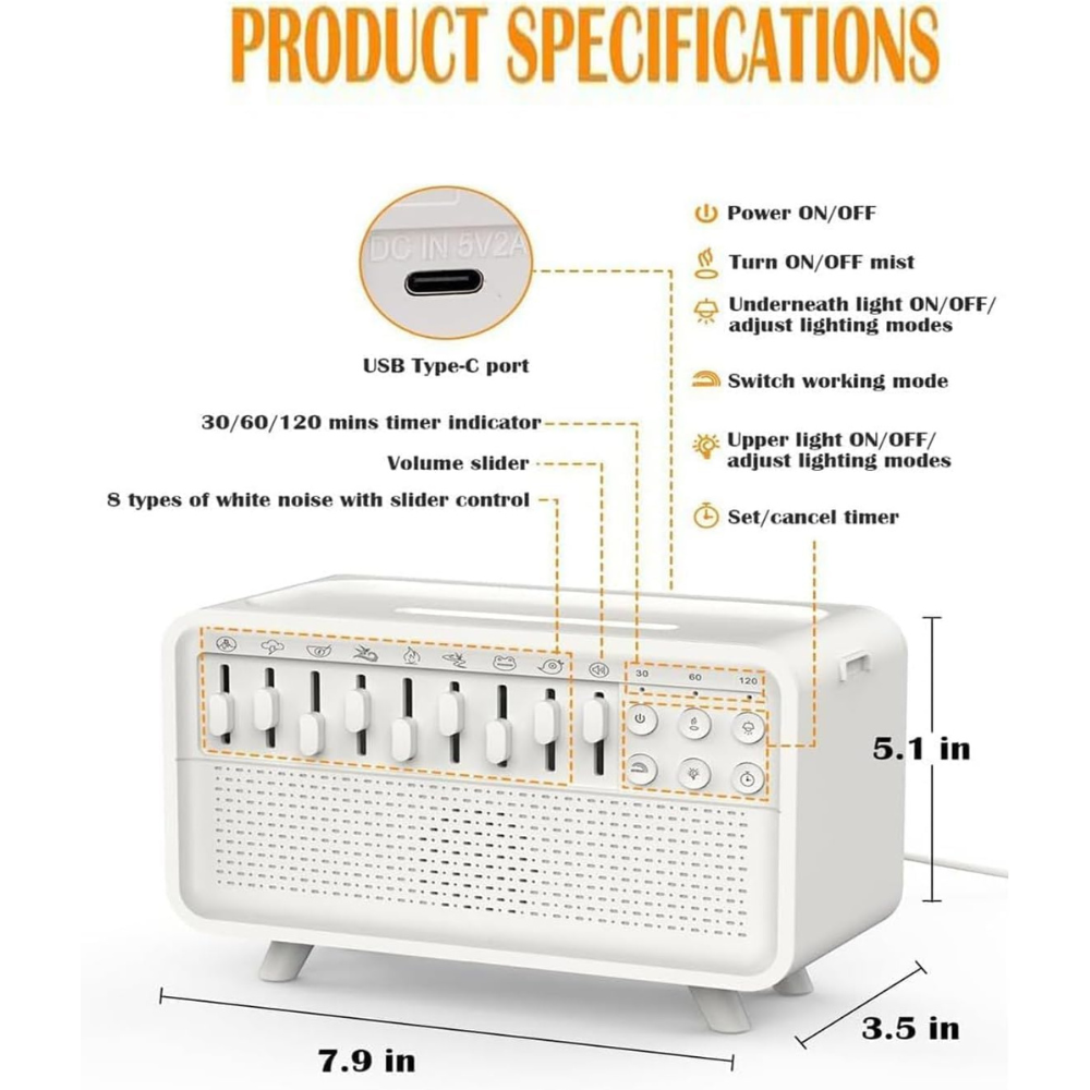 White Noise Night Light Humidifier with Bluetooth 5.3, 8 Nature Sounds, 200ml Tank, Sleep Aid Functionality