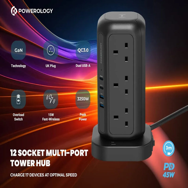 Powerology Multi-Port Tower with 15W Wireless Charger 12 UK Sockets 3250W Rated Power