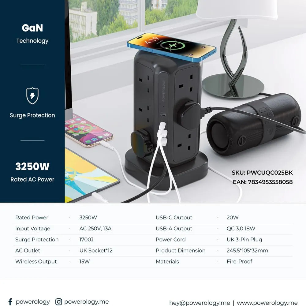 Powerology Multi-Port Tower with 15W Wireless Charger 12 UK Sockets 3250W Rated Power