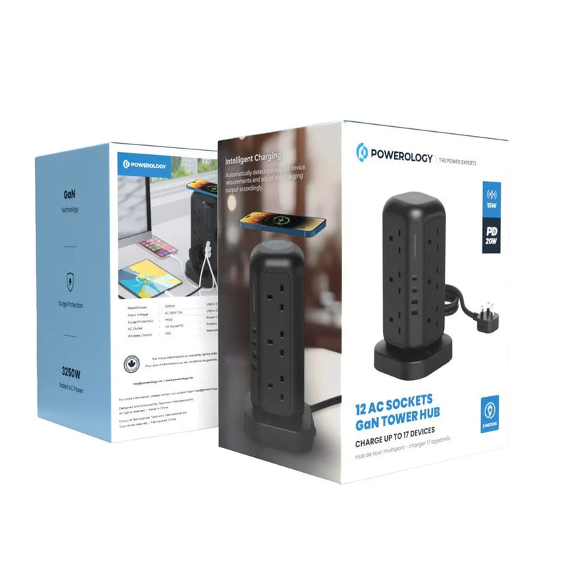 Powerology Multi-Port Tower with 15W Wireless Charger 12 UK Sockets 3250W Rated Power