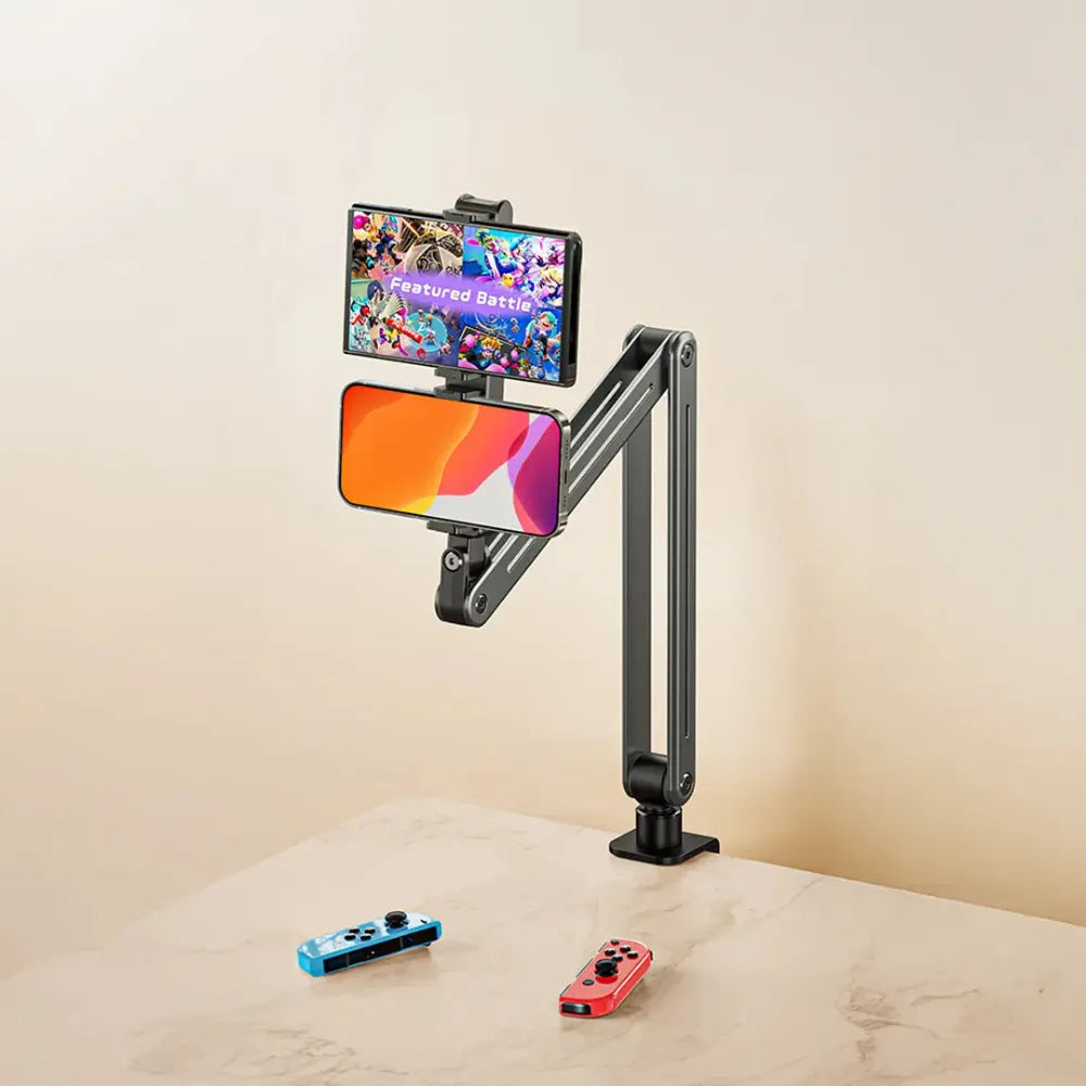 Porodo Multi-Joint Phone & Tablet Mount, Adjustable Twist & Tilt, Aluminum Alloy Build, Wide Compatibility, Gray