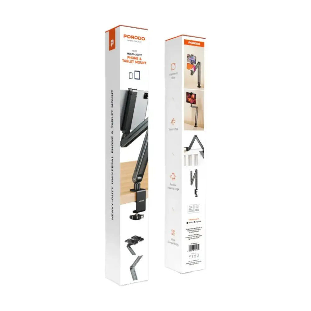 Porodo Multi-Joint Phone & Tablet Mount, Adjustable Twist & Tilt, Aluminum Alloy Build, Wide Compatibility, Gray