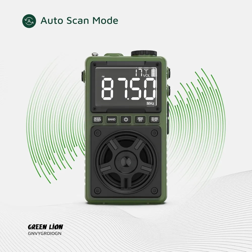 Green Lion Voyager Radio – 5W Bluetooth Speaker with FM/AM/SW Tuner, LED Flashlight, Bluetooth v5.4, Digital Display, Type-C – Green