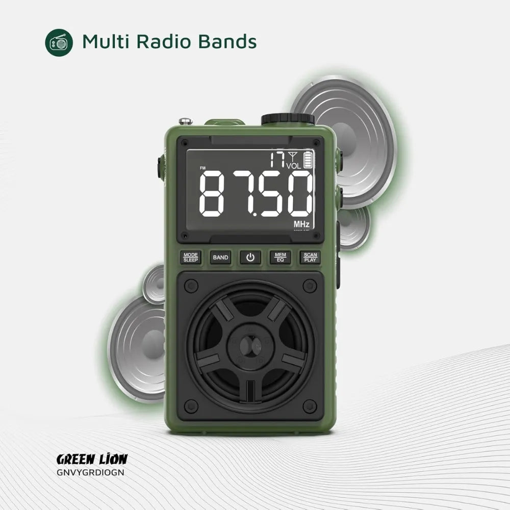 Green Lion Voyager Radio – 5W Bluetooth Speaker with FM/AM/SW Tuner, LED Flashlight, Bluetooth v5.4, Digital Display, Type-C – Green