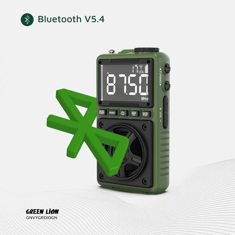 Green Lion Voyager Radio – 5W Bluetooth Speaker with FM/AM/SW Tuner, LED Flashlight, Bluetooth v5.4, Digital Display, Type-C – Green