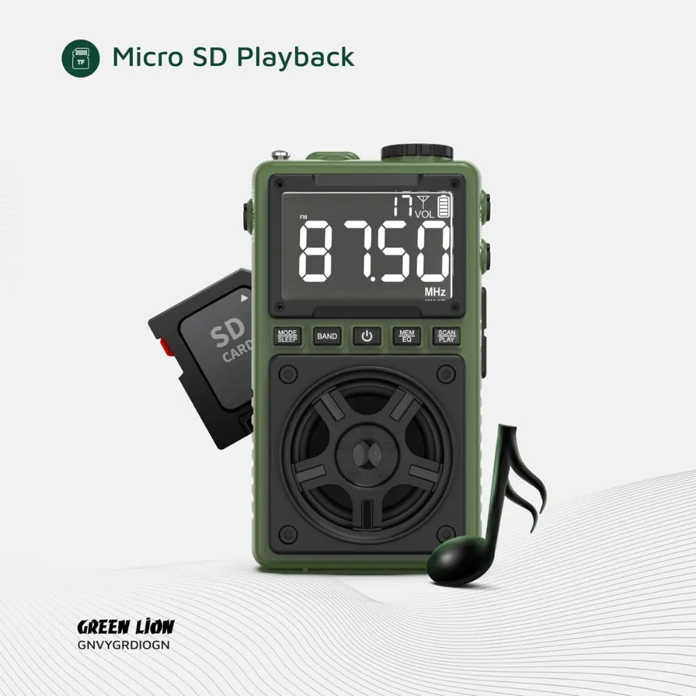 Green Lion Voyager Radio – 5W Bluetooth Speaker with FM/AM/SW Tuner, LED Flashlight, Bluetooth v5.4, Digital Display, Type-C – Green