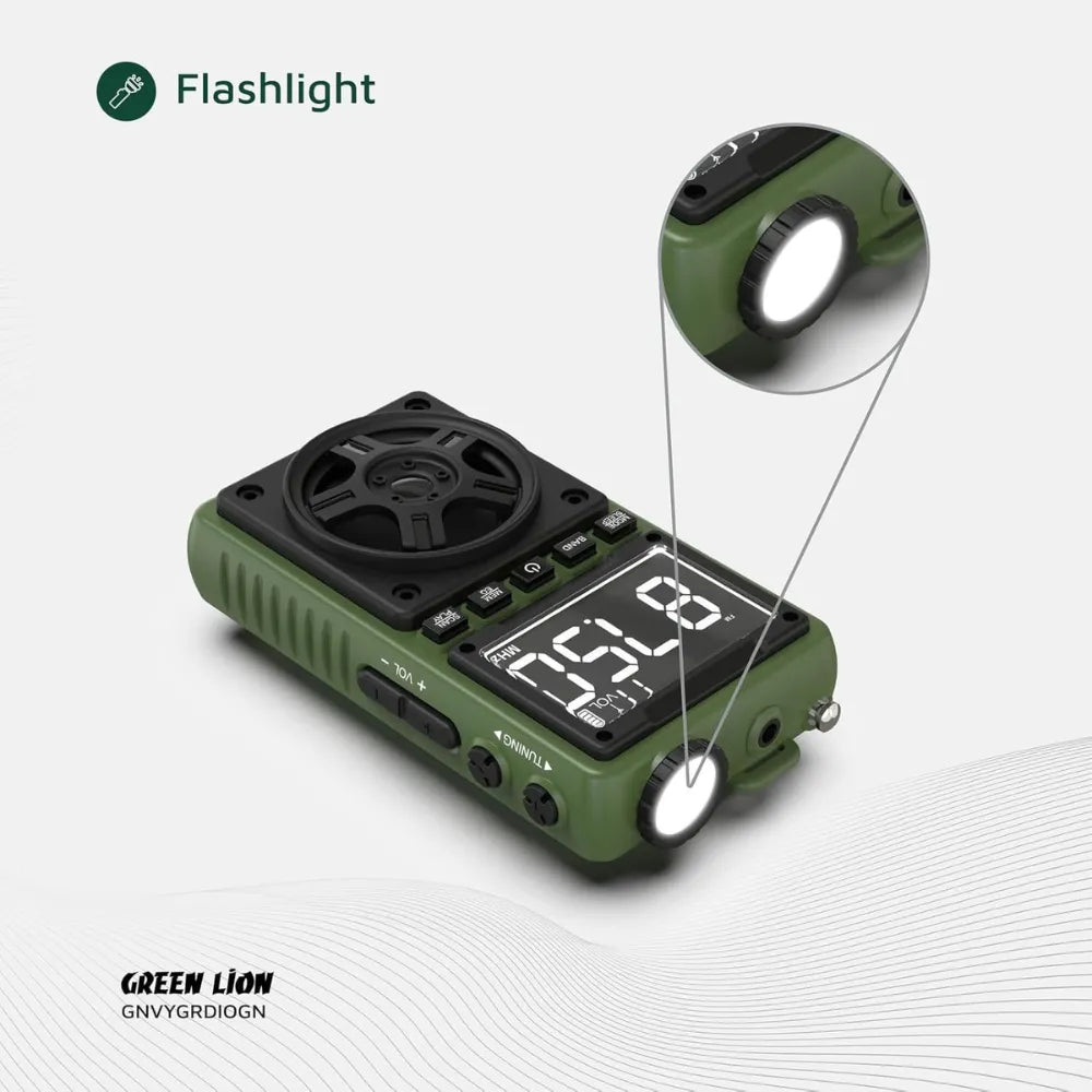 Green Lion Voyager Radio – 5W Bluetooth Speaker with FM/AM/SW Tuner, LED Flashlight, Bluetooth v5.4, Digital Display, Type-C – Green