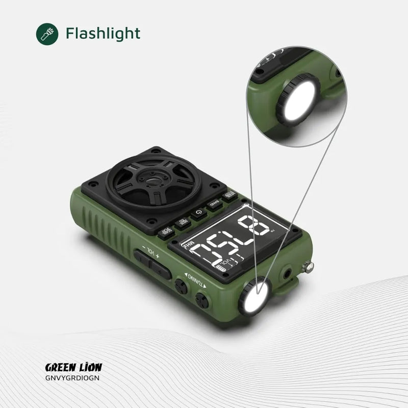 Green Lion Voyager Radio – 5W Bluetooth Speaker with FM/AM/SW Tuner, LED Flashlight, Bluetooth v5.4, Digital Display, Type-C – Green