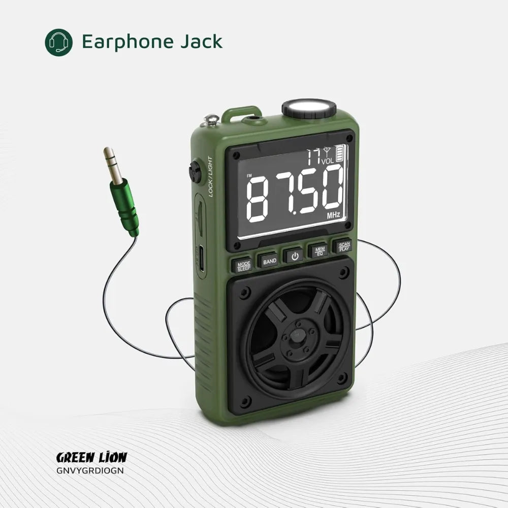 Green Lion Voyager Radio – 5W Bluetooth Speaker with FM/AM/SW Tuner, LED Flashlight, Bluetooth v5.4, Digital Display, Type-C – Green