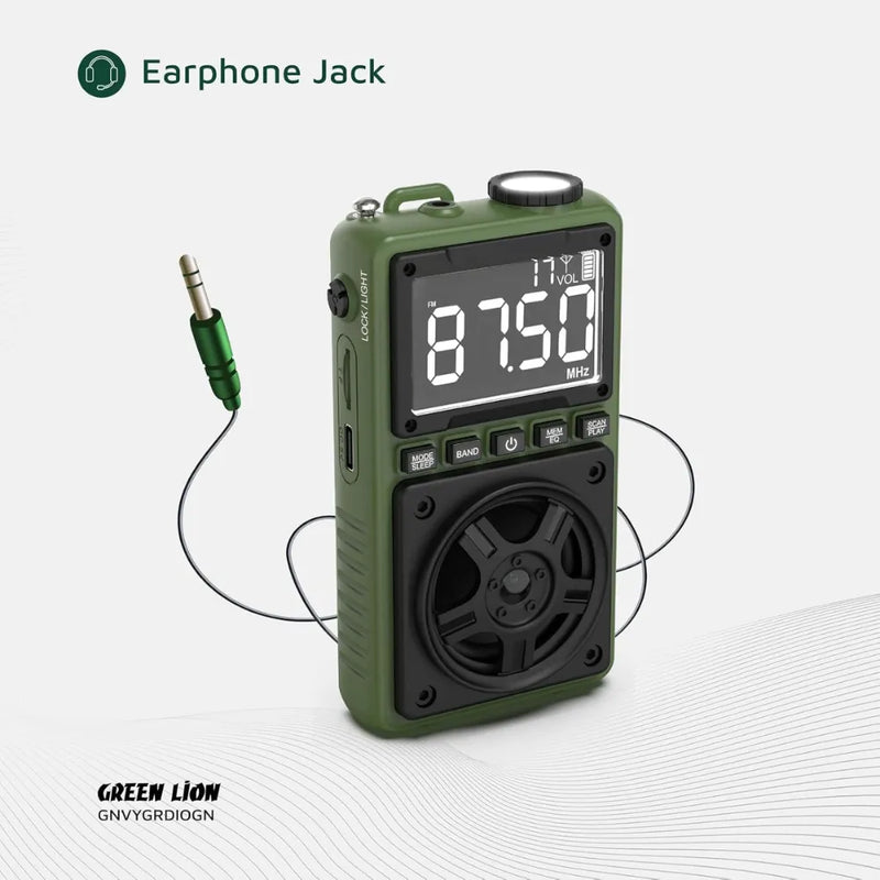 Green Lion Voyager Radio – 5W Bluetooth Speaker with FM/AM/SW Tuner, LED Flashlight, Bluetooth v5.4, Digital Display, Type-C – Green