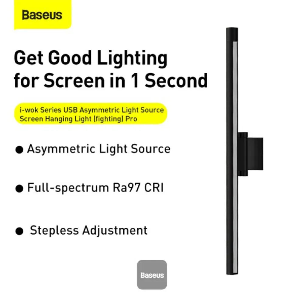 Baseus I-Wok Pro Monitor Light Bar with Stepless Dimming, Eye-Care Asymmetric LED, Ra97 CRI, USB-C Powered – Black