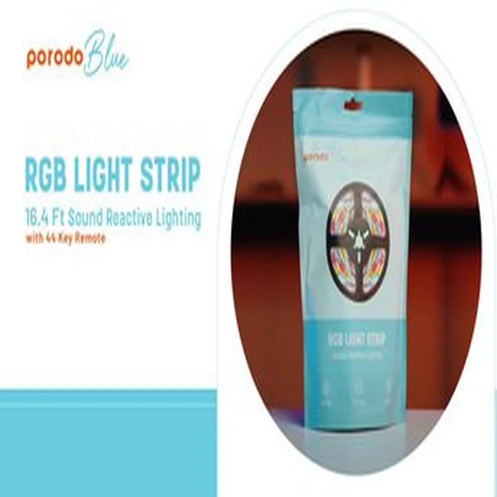 Porodo Blue RGB Light Strip with Sound Reactive Lighting 5m Length Remote Control With Jump & Fade Effects