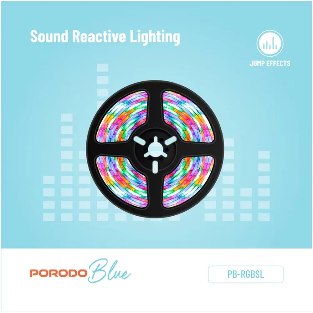 Porodo Blue RGB Light Strip with Sound Reactive Lighting 5m Length Remote Control With Jump & Fade Effects