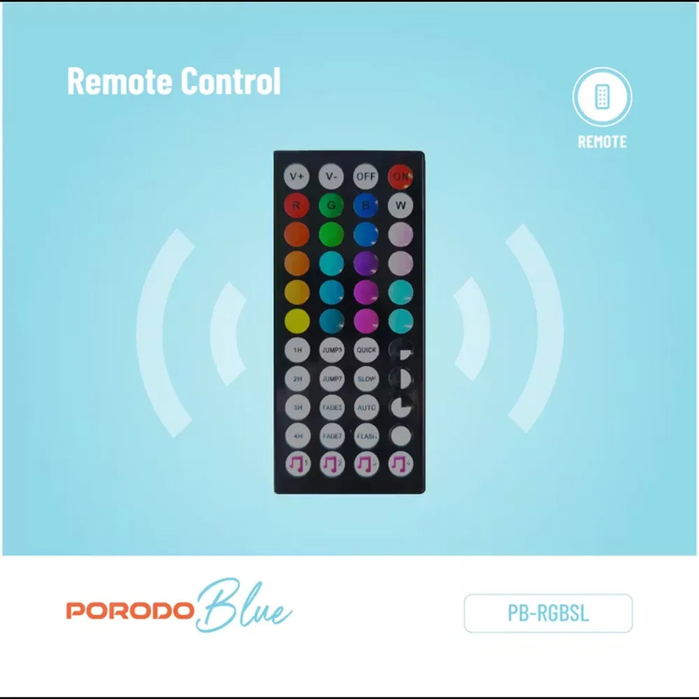 Porodo Blue RGB Light Strip with Sound Reactive Lighting 5m Length Remote Control With Jump & Fade Effects