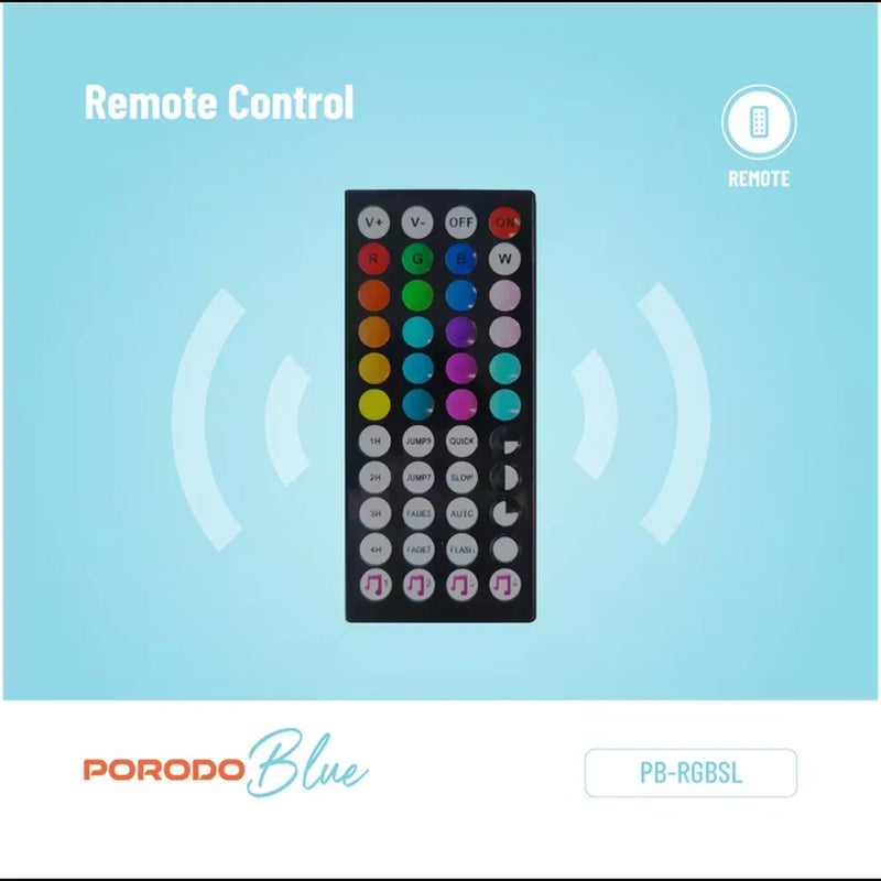 Porodo Blue RGB Light Strip with Sound Reactive Lighting 5m Length Remote Control With Jump & Fade Effects