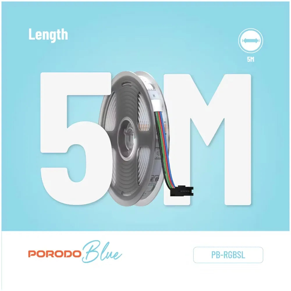 Porodo Blue RGB Light Strip with Sound Reactive Lighting 5m Length Remote Control With Jump & Fade Effects