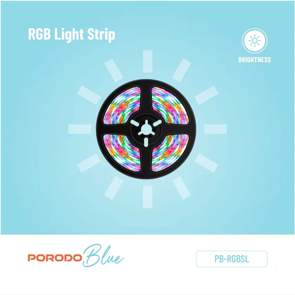 Porodo Blue RGB Light Strip with Sound Reactive Lighting 5m Length Remote Control With Jump & Fade Effects