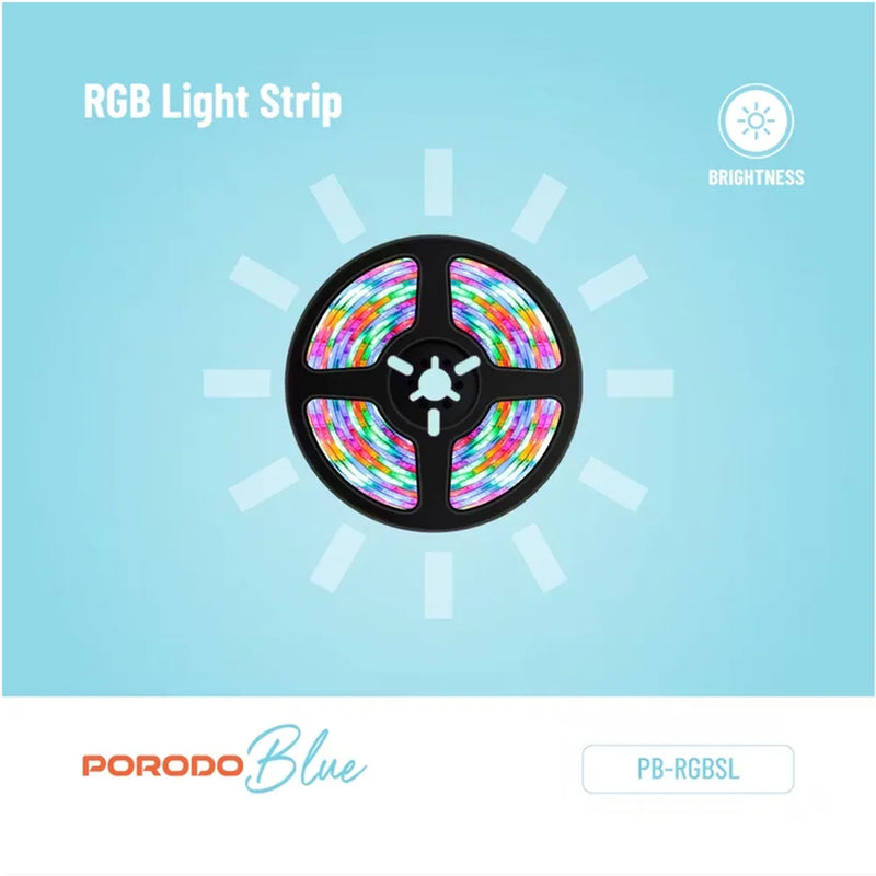 Porodo Blue RGB Light Strip with Sound Reactive Lighting 5m Length Remote Control With Jump & Fade Effects