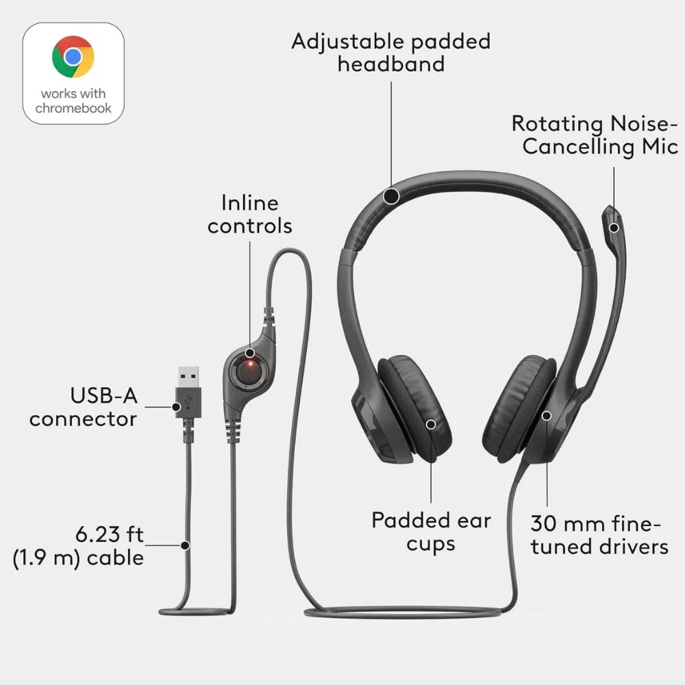 Logitech H390 USB-A Wired Headset, Noise‑Cancelling Mic, In‑Line Controls, PC/Chromebook Compatible – Black