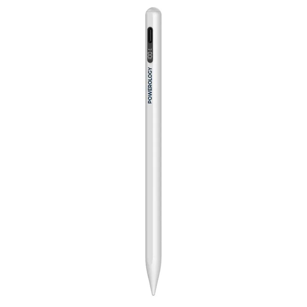 Powerology Stylus Pen for iPad, Real-Time Display, Palm Rejection, Magnetic, 15H Battery, Type-C Charging – White